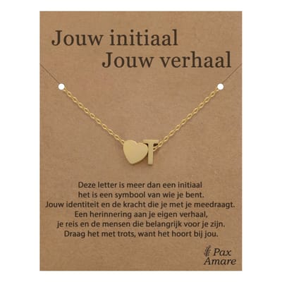 Letter T ketting op Cadeau Kaartje - Jouw initiaal, jouw verhaal - 45cm Goudkleurig Stainless Steel - Initiaal & Hartje Hanger - Pax Amare