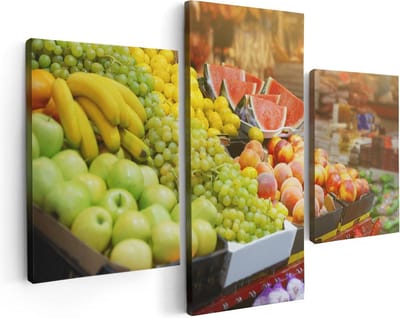 Artaza Canvas Schilderij Drieluik Vers Fruit Op De Markt - 90x60 - Foto Op Canvas - Canvas Print