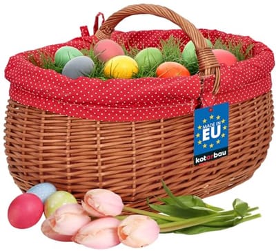 KOTARBAU® Rieten Mand, met Handvat, Wilgentenen, 47 x 31 x 32 cm, Bruin, Paddenstoelenmand, Boodschappenmand, met Stoffen Voering in Rood, Oogstmand,, Natuurlijk
