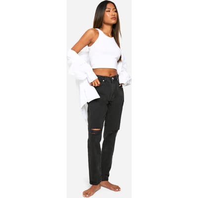 Dames Boohoo Basics 32 Inch Leg Hoge Taille Gescheurde Mom Jeans | Washed Black | Maat: 6