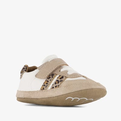 Groot suede babyschoenen met panterprint details beige - Maat 19 - In cadeauverpakking
