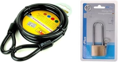 Staalkabel 1.5 m en hangslot met lange beugel 75 mm - fietsslot / kabelslot