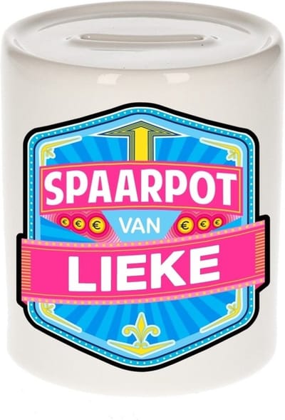 Bellatio Decorations Kinder spaarpot met naam - Lieke - keramiek - met dop - wit - Sparen - Spaargeld van Lieke