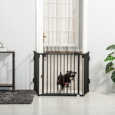 Hondenhek – Automatische Deur En Opvouwbaar 202,5 x 76 cm – Kunststof – Zwart – 3 Panelen Voor Trap, Deuropening En Ruimteverdeler