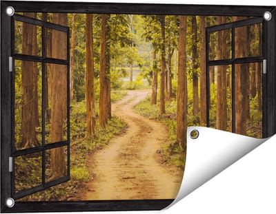 Gards Tuinposter Doorkijk Pad in het Bos met Bomen - 60x40 cm - Tuindoek - Tuindecoratie - Wanddecoratie buiten - Tuinschilderij