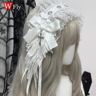 Steampunk Y2K Ailes Coiffe Nœud Serre-tête Lolita Gothique Ange Noir Coiffe et Accessoires pour Cheveux blanc