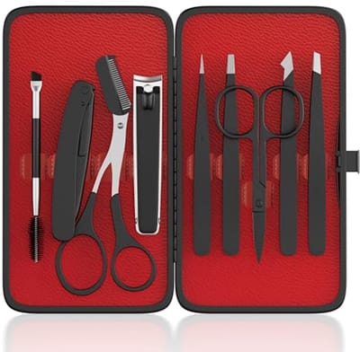 ESSBES Women's Facial Hair Tweezers, 9-in-1 Eyebrow Set with Tweezers, Eyebrow Trimmer Scissors, Razor Blade, Brush with Leather Travel Case, Daily Hair Beauty Tools