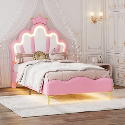 Pugsdrly - Kroonvormig Prinsessenbed - 90*200 cm - plat - Kinderbedden - Eenpersoonsbedden - zachte bekleding van PU-leer - verstelbare LED-sfeerverlichting - roze