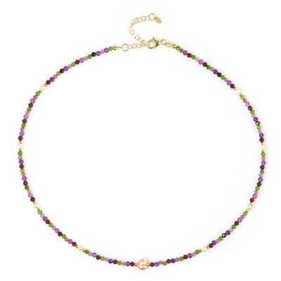 Cavill - Verstelbare Halsketting - 925 Sterling Zilver Verguld - Perzik Parel 9x7 mm - 22 87 ct Granaat Amethist Toermalijn