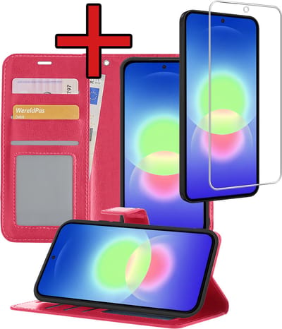 Hoesje - Met Screenprotector - Geschikt voor Samsung Galaxy A27 - Luxe Pasjeshouder - Flipcase - Bookcase Portemonee - Flip Case - Kunstleer Book Case - Book Cover - Walletcase - Portemonneehoes - Telefoonhoes - Donkerroze