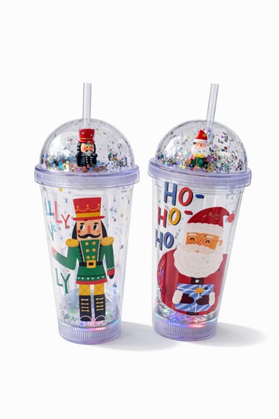 EasyMart Kerst Drinkbekers 500 ml met LED – Set van 2 – Met Deksel, Rietje en Glitters – Inclusief Batterijen – Kerstman en Notenkraker – Kerstcadeau voor Kinderen