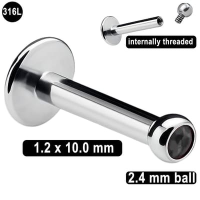 Labret Piercing - 1.2 mm x 10 mm – 316L Chirurgisch Staal - met Zwarte Kristal