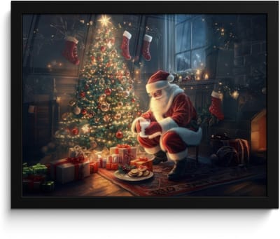 Poster in lijst - Fotolijst 40x30 cm - Posters - Kerstman - Haard - Donker - Posterlijst zwart - Decoratie - Wanddecoratie woonkamer - Muurdecoratie slaapkamer - Kerstversiering - Kerstdecoratie voor binnen - Kerstmis
