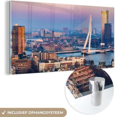 MuchoWow® Glasschilderij 40x20 cm - Schilderij acrylglas - Rotterdam - Skyline - Zonsondergang - Foto op glas - Schilderijen