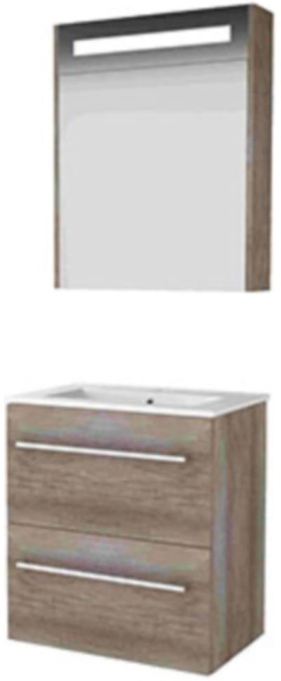 Basic-Line Premium 39 Badkamermeubelset - Ondiep - 60 x 39 cm - Met Grepen - 2 Lades - Keramische Wastafel - 1 Kraangat - Spiegelkast met LED Verlichting - Scotch Oak