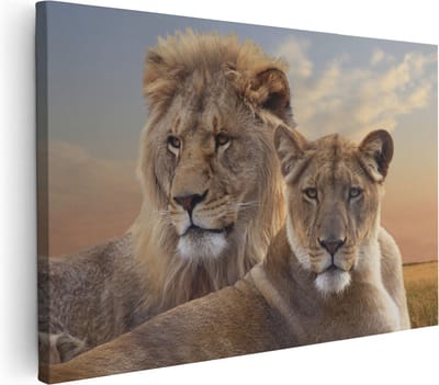 Artaza Canvas Schilderij Leeuwenfamilie - 30x20 cm - Klein - Wanddecoratie Dierenkop - Muurdecoratie Woonkamer - Kamer Accessoires