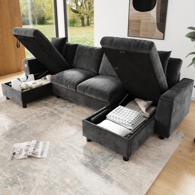 STILVORA U Bank 284 X 135 X 84 Cm - Met Opbergruimte En Usb Oplaadfunctie - Voor Woonkamer - Chenille - Grijs