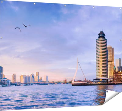 Gards Tuinposter Rotterdamse Skyline aan het Water - 160x120 cm - Tuindoek - Tuindecoratie - Wanddecoratie buiten - Tuinschilderij