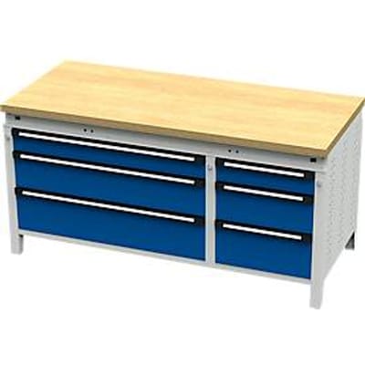 Otto Kind brede werkbank type 430, multiplexplaat van beukenhout, vlak afgeschoten, tot 1400 kg, B 1697 x D 750 x H 850 mm, staal, centrale vergrendeling, lichtgrijs/geniaanblauw