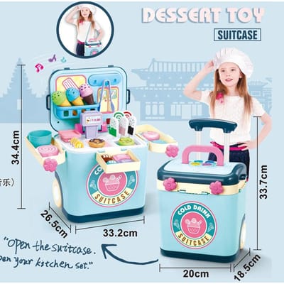 Jeu d'Imitation Glacier Valise Chariot Jouets pour Enfant Dessert Docteur Jeu d'Imitation avec Chariot de Rangement Table Cadeau pour Garçon Fille blue