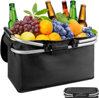 Opvouwbare koelmand met deksel en ritssluiting, 20 liter thermomand voor boodschappen en picknick, lichtgewicht en praktisch met klapframe en handgreep
