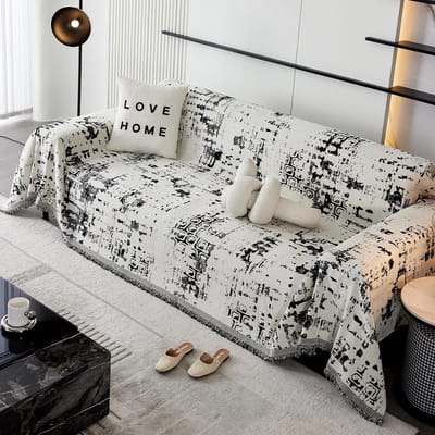 plaids, chenille bankdeken met kwastjes, veelzijdige deken, omkeerbare klassieke stijl deken voor bank, fauteuil bedden 180 x 360 cm-zwart