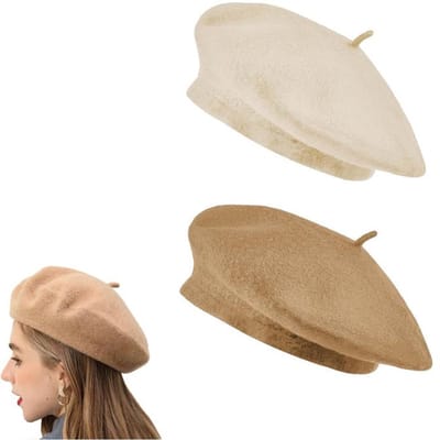 KZQ Baretten - Een set van twee klassieke Franse baretten, perfect voor de winter - geschikt voor vrouwen, kunstenaars en casual buitenactiviteiten - hoofdomtrek 56-58 cm - beige en camel.