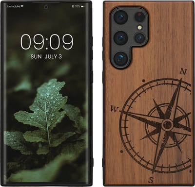kwmobile telefoonhoesje geschikt voorSamsung Galaxy S24 Ultra - Hoesje met bumper - hout - In donkerbruin Vintage Kompas design