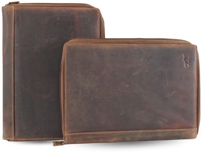 Fana Bags Leren Schrijfmap Bruin Buffelleer - A4 Business Schrijfmap met 2 Compartimenten - iPad/Tablet Vak - Dubbele Documentenmap