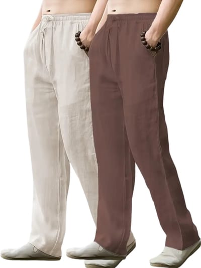 Livano Linnen Broek Heren - Zomerbroek - Volwassenen - Lange Broek - Pantalon - Strandbroek - Zomer - Ibiza Stijl - 2 Stuks Beige & Bruin - Maat S