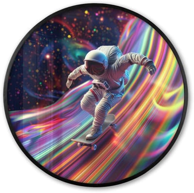 Poster in lijst Rond - Fotolijst 60x60 cm - Posters - Astronaut - Ruimte - Skateboard - Kleurrijk - Ronde posterlijst zwart - Decoratie - Wanddecoratie woonkamer - Muurdecoratie slaapkamer