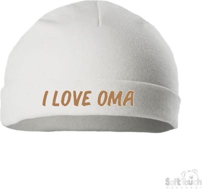 Soft Touch Mutsje Rolmutsje Bedrukt "I Love Oma" Wit/Cappuccino Maat New Born Maat 56