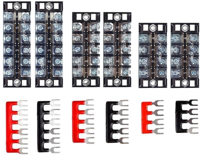 6 Stuks Schroefklemmen Blok (600V/25A) Dubbele Rij met 4/5/6 Posities, Rood en Zwart Geïsoleerde Terminal Strips voor Elektrische Verbindingen