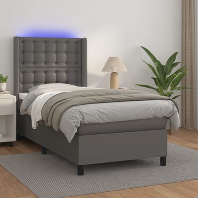 vidaXL - Boxspring - met - matras - en - LED - kunstleer - grijs - 80x200 - cm