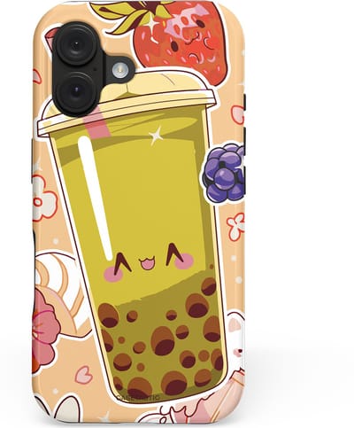 Casetastic hoesje geschikt voor Apple iPhone 16 - MagSafe - Dubbellaagse bescherming - Bubbelpret - Fashion Case - Perzik Beige Goud Lichtgrijs