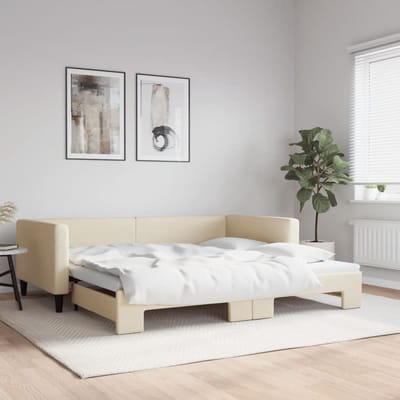 vidaXL - Slaapbank - met - onderschuifbed - 100x200 - cm - stof - crèmekleurig