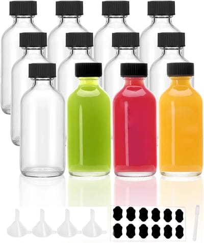 Famanu - Set van 12 mini-flessen 60 ml met trechter en etiketten, geschikt voor gember en likeur – Transparant