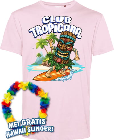 T-shirt Tiki Surfer | Toppers in Concert 2024 | Club Tropicana | Hawaii Shirt | Ibiza Kleding | Lichtroze | maat XS