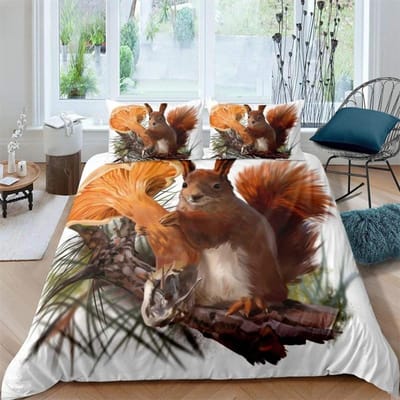 3D Eekhoorn Koning Koningin Dekbedovertrek Mooie Dieren Beddengoed Set voor Kinderen Tieners Volwassenen Wilde Dieren Groene Bladeren Zacht 2/3-delig Dekbedovertrek 70x133cm 2pcs