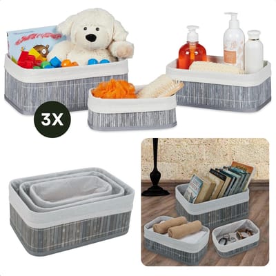 Bamboe Opbergmanden Set - Opberg Manden - Opbergmand Set - Organizer - Kast Organizer - Grijs/Wit - Voor Badkamer en Woonkamer - 3 Stuks - Stijlvol en Duurzaam - Inclusief EBOOK