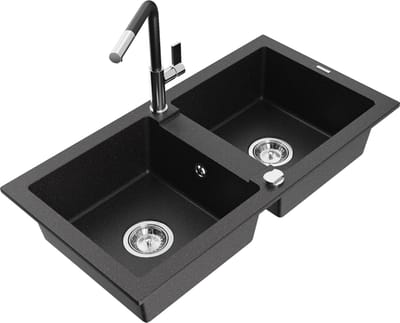 Mexen Mario granieten gootsteen 2-kamer met keukenmengkraan Flora, zwart/zilveren metallic - 6504-73-670401-07