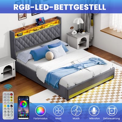 STILVORA Opbergbed 160x200 cm - Groot Opbergvak - USB-Aansluiting - LED-Licht - Veilig Design - Grijs - Samt + Metaal + Hout