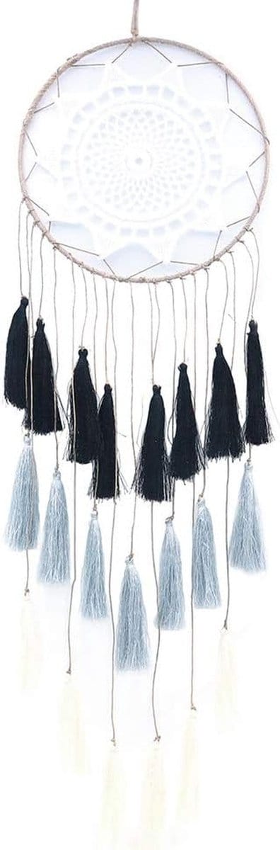 Virtubuy - Dromenvanger - Macrame Dream Catcher - Handgemaakt - Zwart Grijs - Wanddecoratie - Sfeervolle inrichting - Geschikt voor slaapkamer