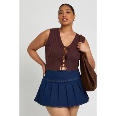 boohoo Dames Plus Gebreide Vest met Dasdetail | Chocolate | Maat: 16-18