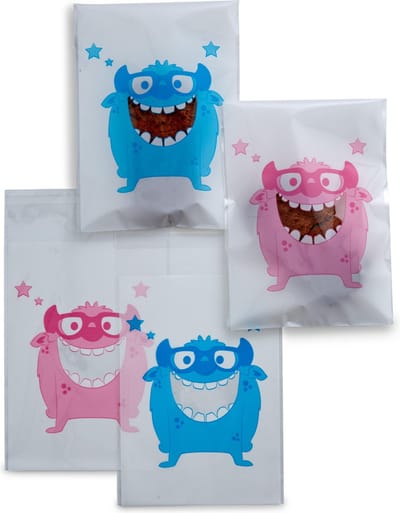 100 x Transparante Uitdeelzakjes voor kindertraktatie op school - blauw en roze Cookie Monster patroon uitdeel zakjes - 9,5 x 13 cm