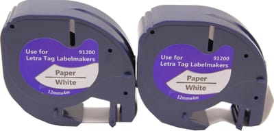 KATRIZ® huismerk label tape voor Dymo 91200 | DYMO LETRATAG LetraTag 100H/LetraTag 100T/LetraTag 2000/LetraTag QX54 |  Zwart op Wit | 12mm*4m | 2 stuks