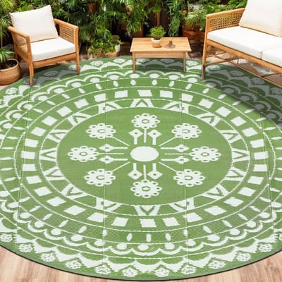 Rond terrastapijt, diameter 240 cm, omkeerbaar, picknickmat, waterdicht kunststof strotapijt, boho, binnen, buiten, voor camper, achtertuin, balkon, picknick, strand, saliegroen