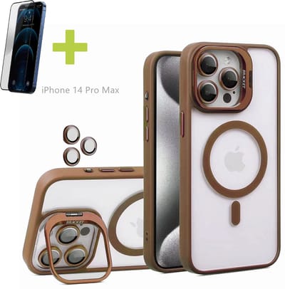 Standaards Hoesje voor iPhone 14 Pro Max, Compatibel met MagSafe Hoes, Acryl + TPU Case met Metaal Camerafolie, Transparant, Goud - Screenprotector