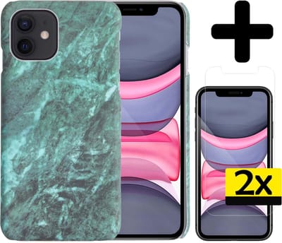 Hoesje Geschikt voor iPhone 11 Hoesje Marmer Case Hard Cover Met 2x Screenprotector - Hoes Geschikt voor iPhone 11 Case Marmer Hoesje Backcover - Groen