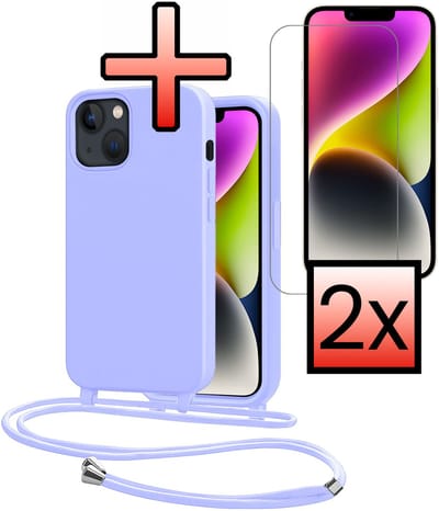 Hoes Geschikt voor iPhone 13 Mini Met Telefoonkoord Met 2x Screenprotector - Siliconen Hoesje Backcover Met Ketting - Lila